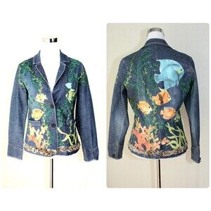 Upcycled Art To Wear OOAK Denim Jacket Sz. S Blue Fishes Corals Pearls Plants *